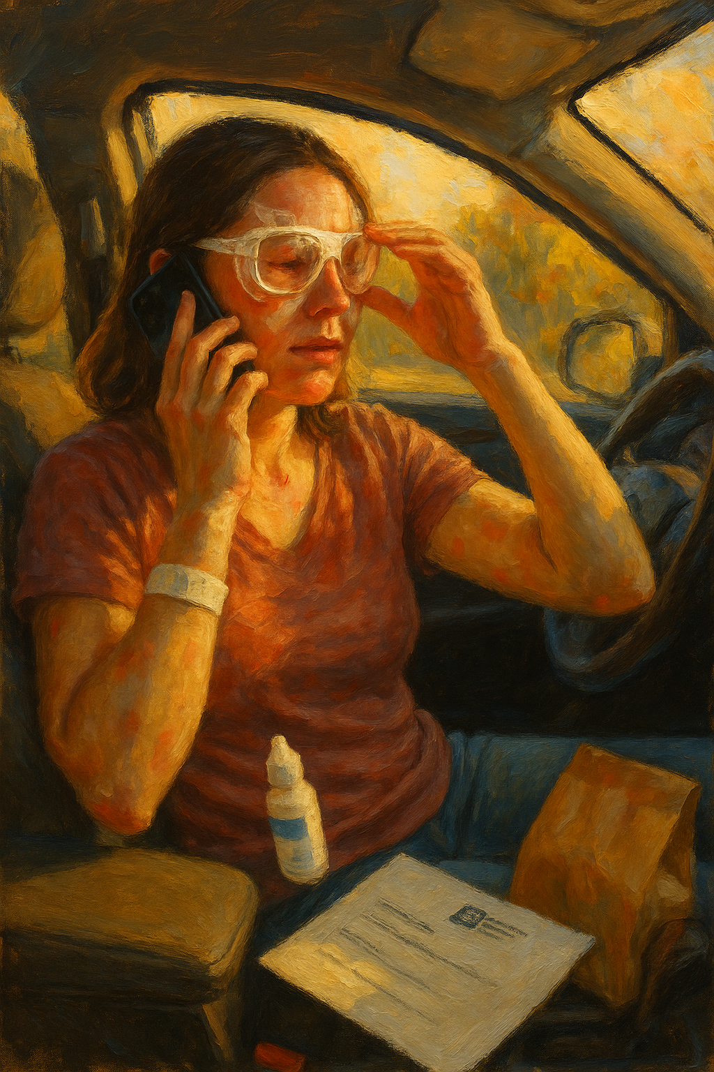 Woman in car with protective eye covering on phone
