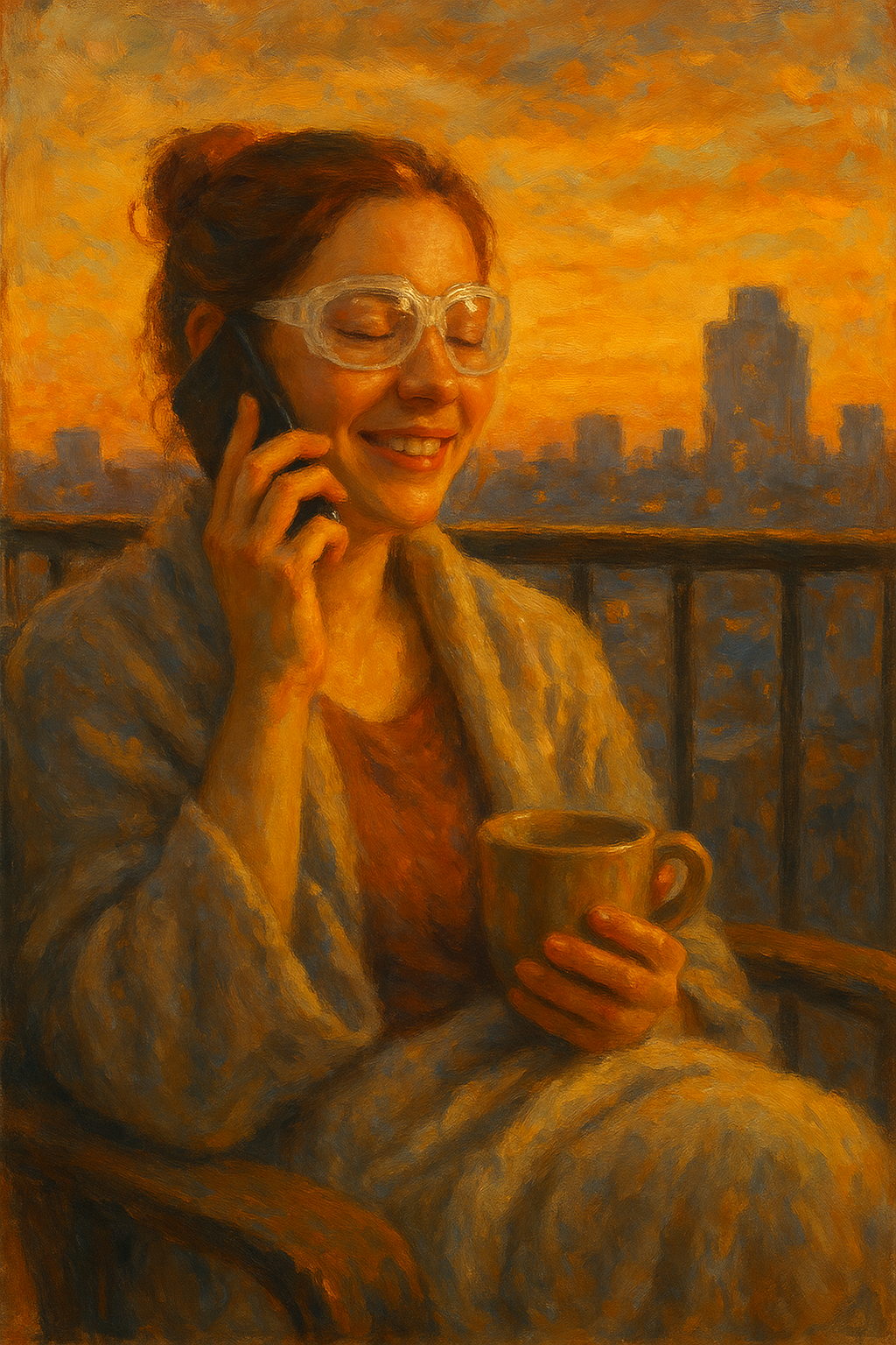 Woman on city balcony with coffee speaking into phone