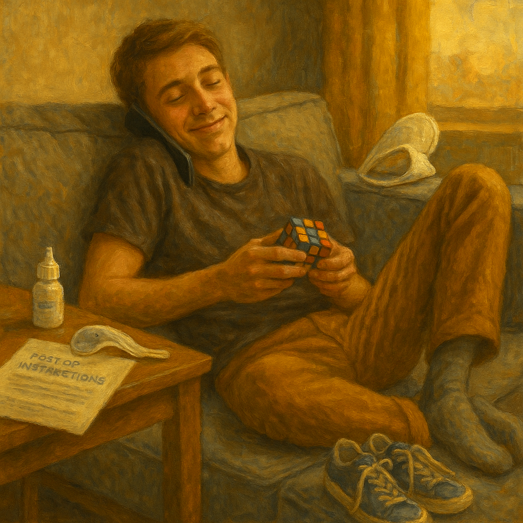 Woman with eye patches on phone at home